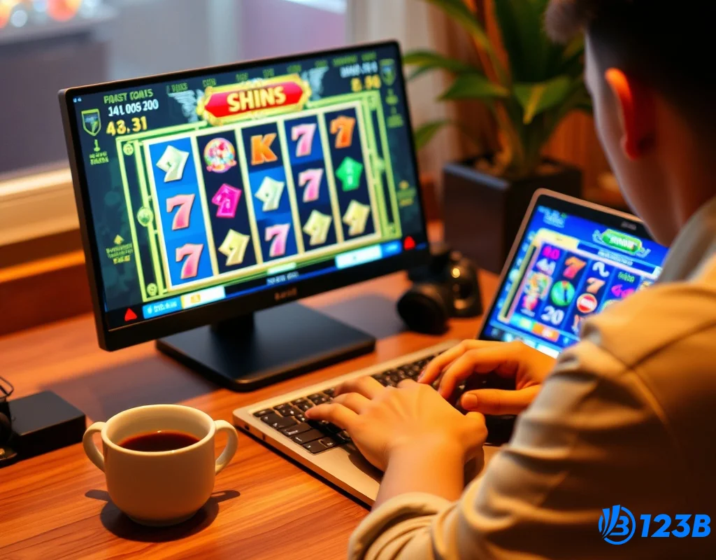 Người chơi đang trải nghiệm slot game 123B trên máy tính xách tay.