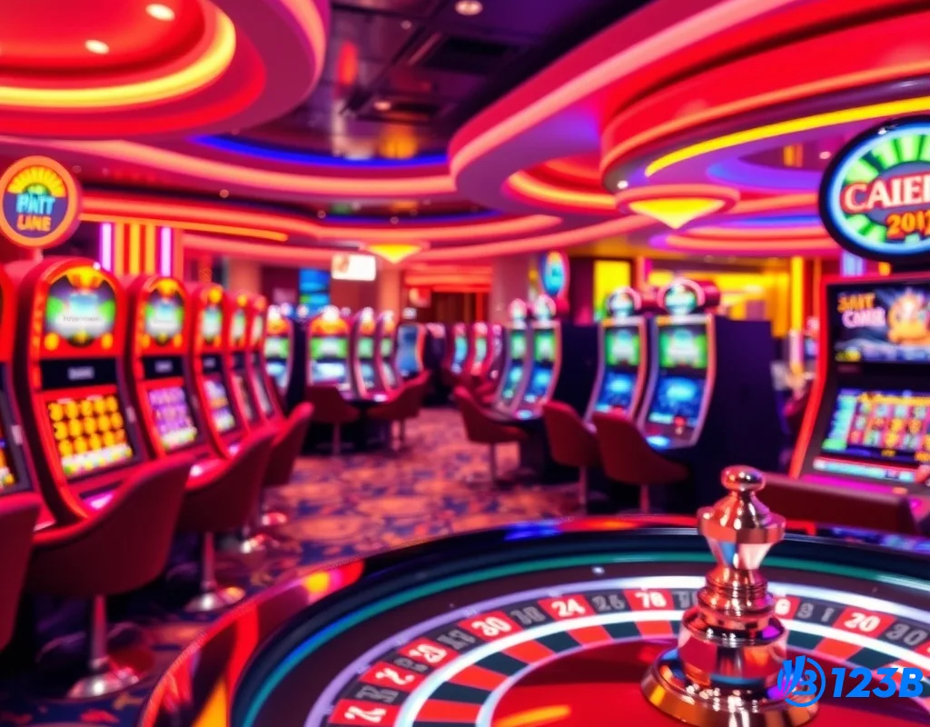 Sảnh casino trực tuyến 123b với máy slot và bàn roulette nhiều màu sắc.