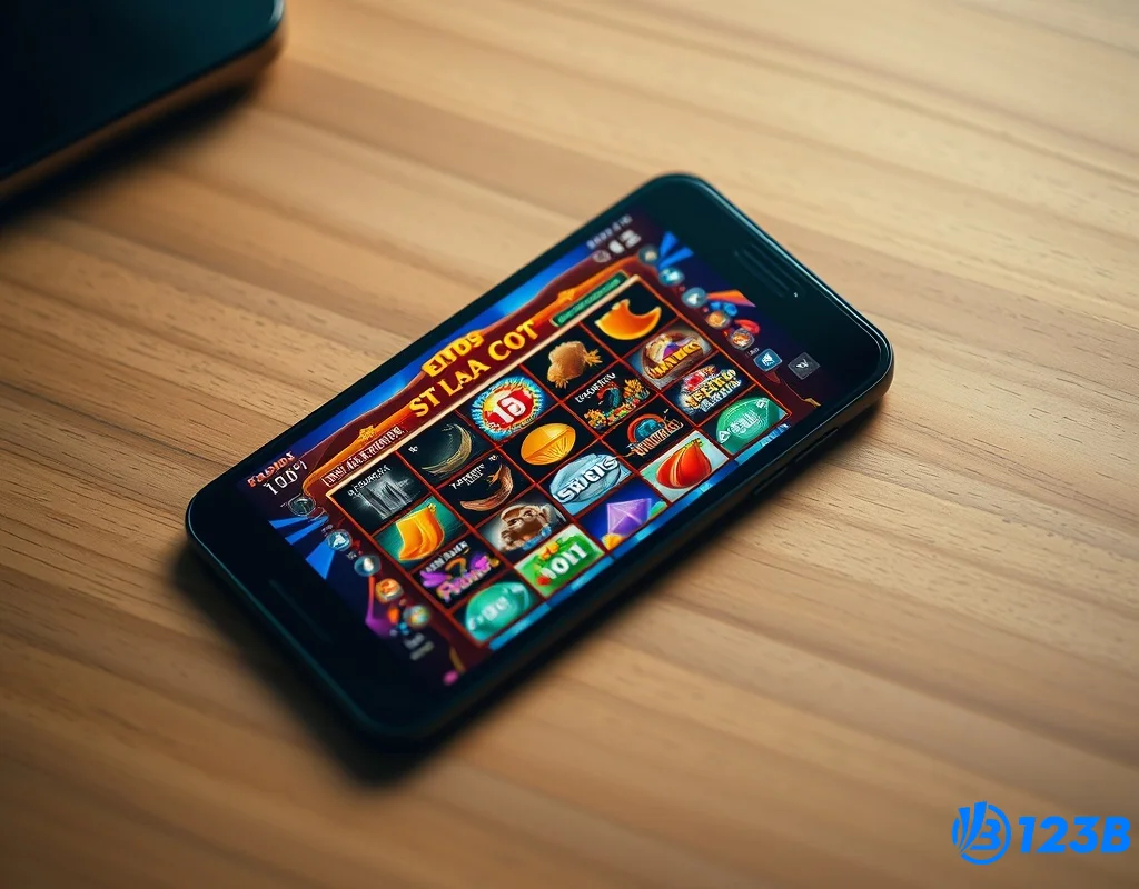 Ứng dụng 123b trên điện thoại với sảnh game slot đầy màu sắc.
