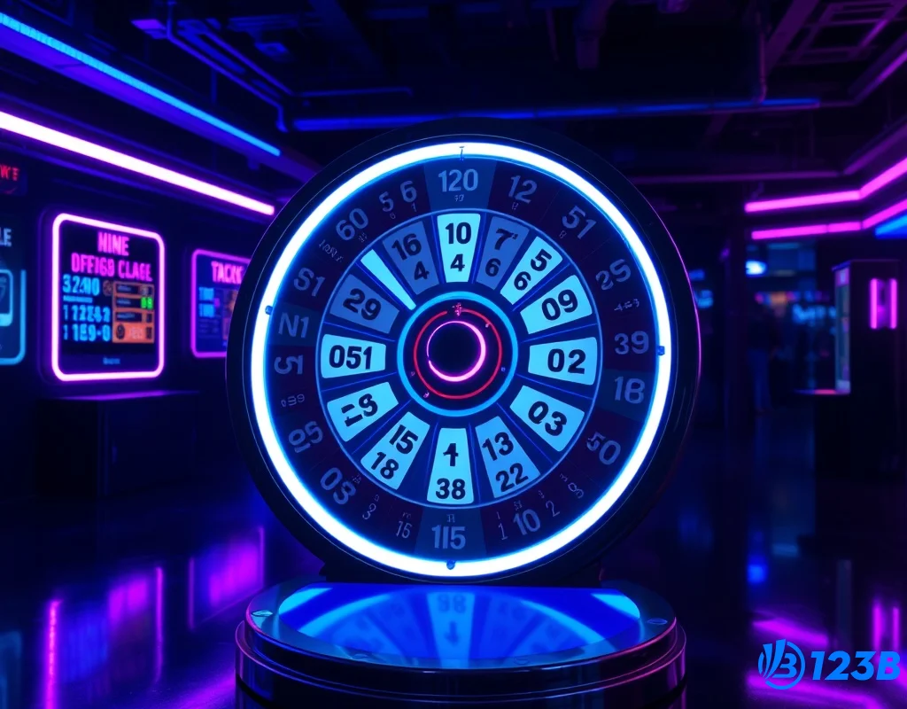 Hình ảnh vòng quay lô đề 123B với hiệu ứng ánh sáng neon trong phòng tối.