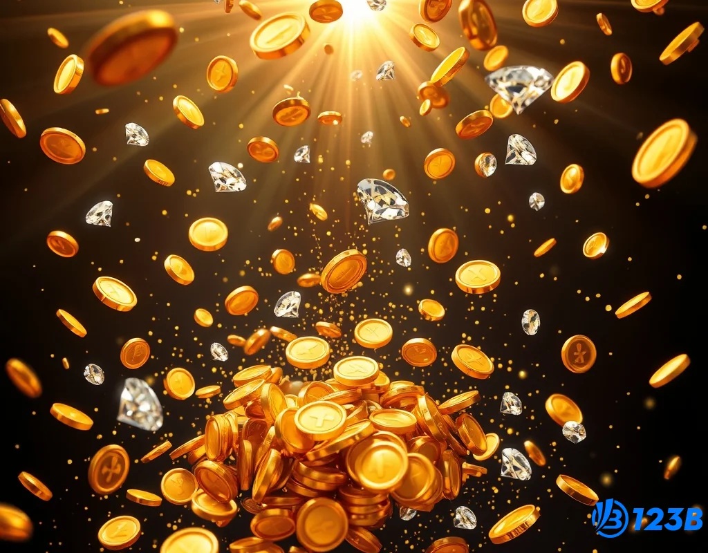 Tiền xu và hũ tiền rơi trong trò chơi nổ hũ jackpot 123B